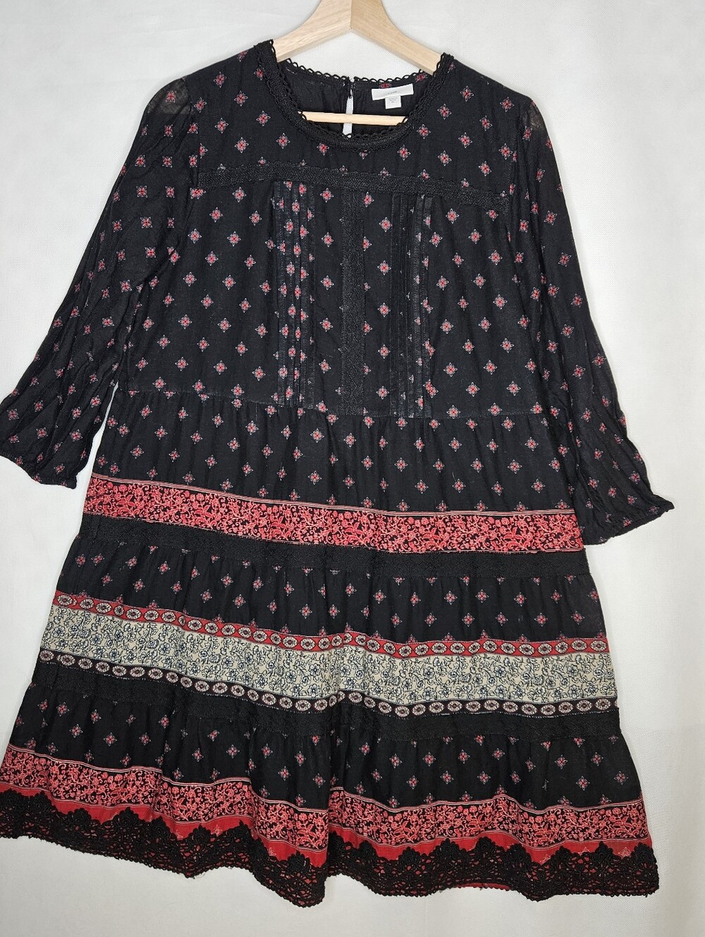 J. Jill  Pintucked Cotton Lace Trim Midi Dress Tiered A-Line Black Red  Boho M
